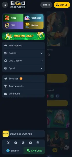Mobilní web EgoGames, hlavní menu s bonusy, turnaji a VIP úrovněmi