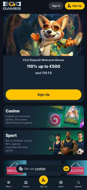 Mobilní web EgoGames, uvítací bonus na první vklad, rozhraní bez češtiny